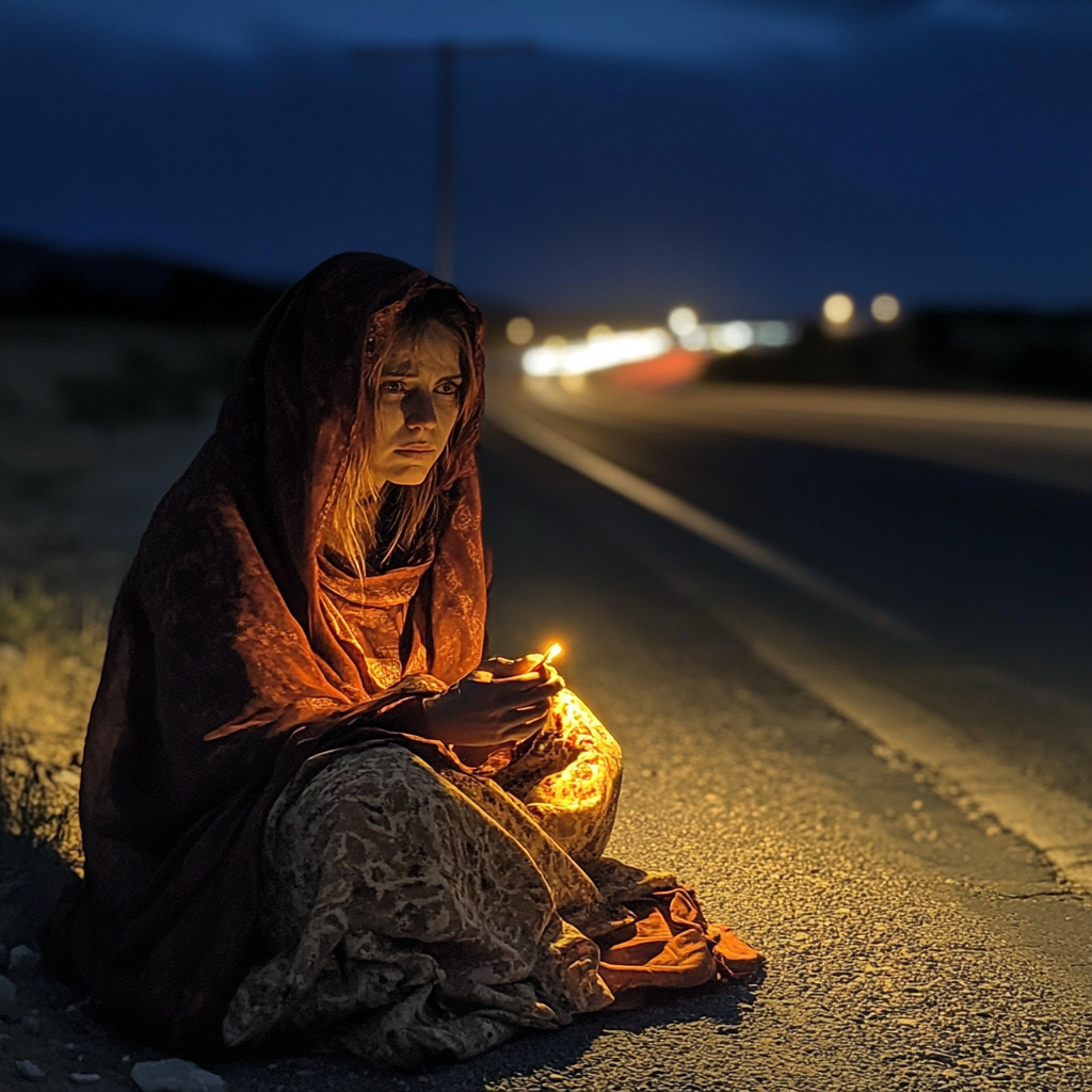 Une femme effrayée sur le bord de la route | Source : Midjourney