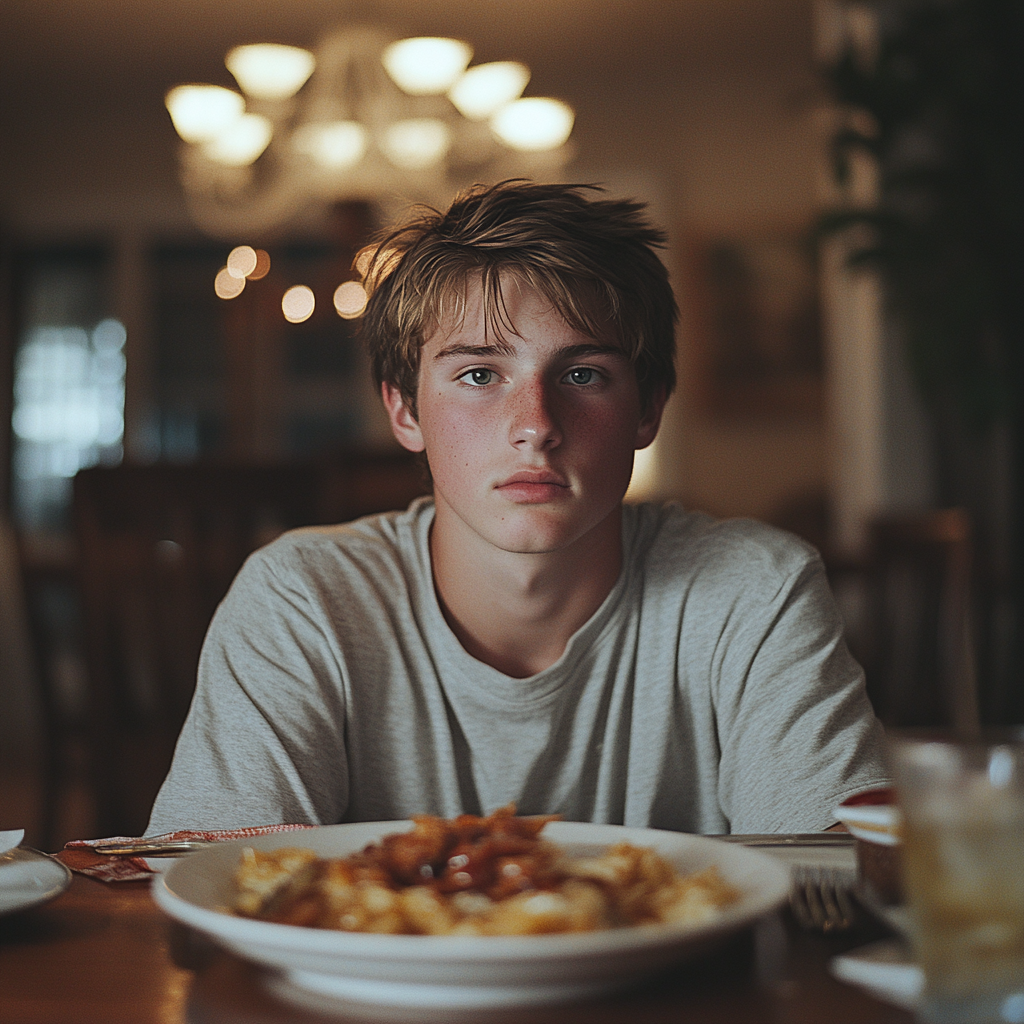 Un garçon qui regarde devant lui à la table du dîner | Source : Midjourney