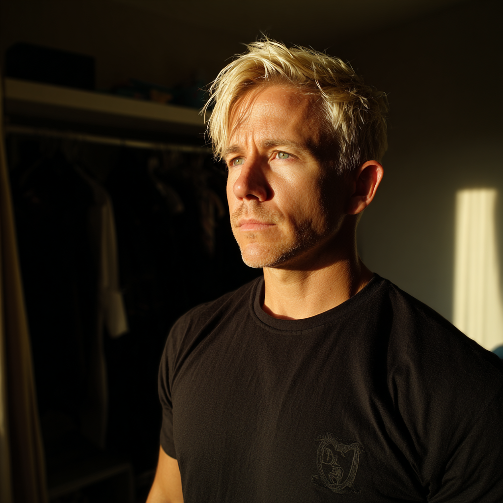 Un homme pensif portant un t-shirt noir | Source : Midjourney