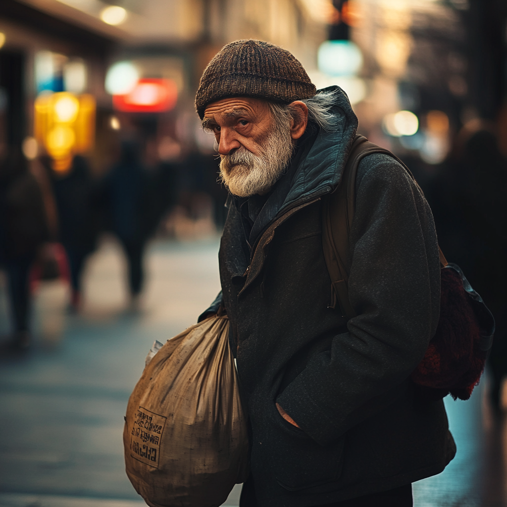 Un sans-abri voûté avec un sac | Source : Midjourney