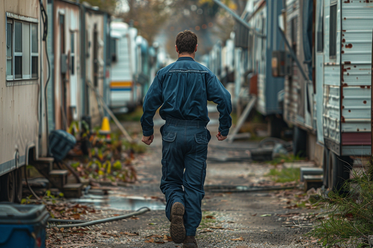 Un homme qui court dans un parc de caravanes | Source : Midjourney