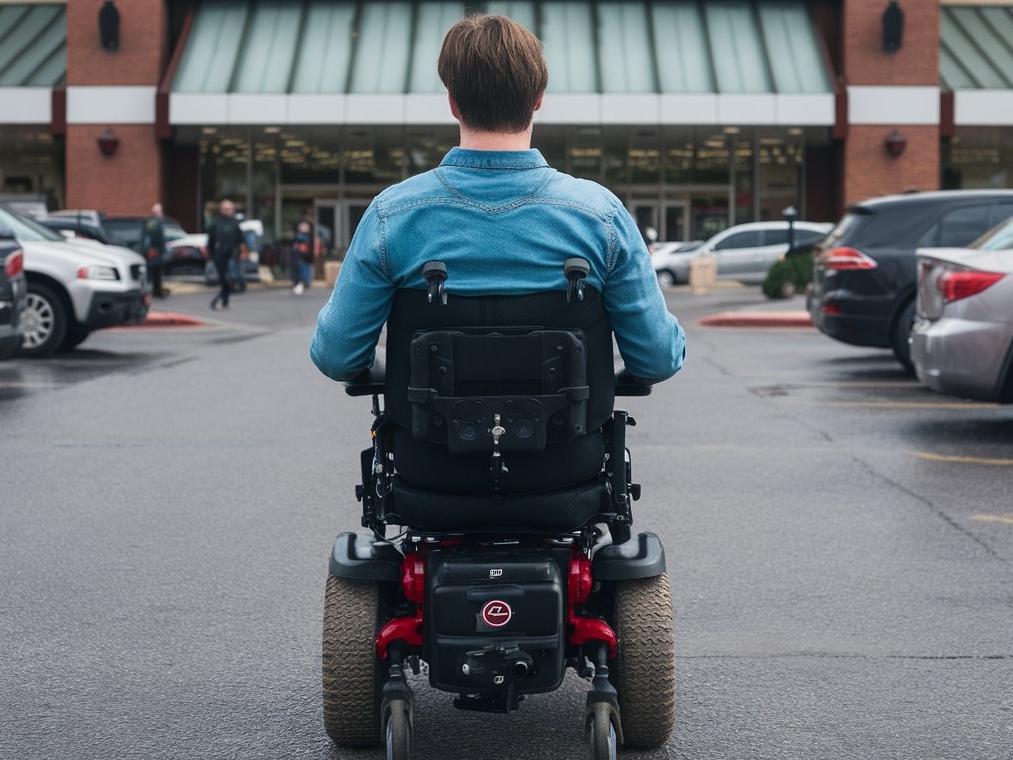 Un homme conduit son fauteuil roulant à travers un parking : Midjourney