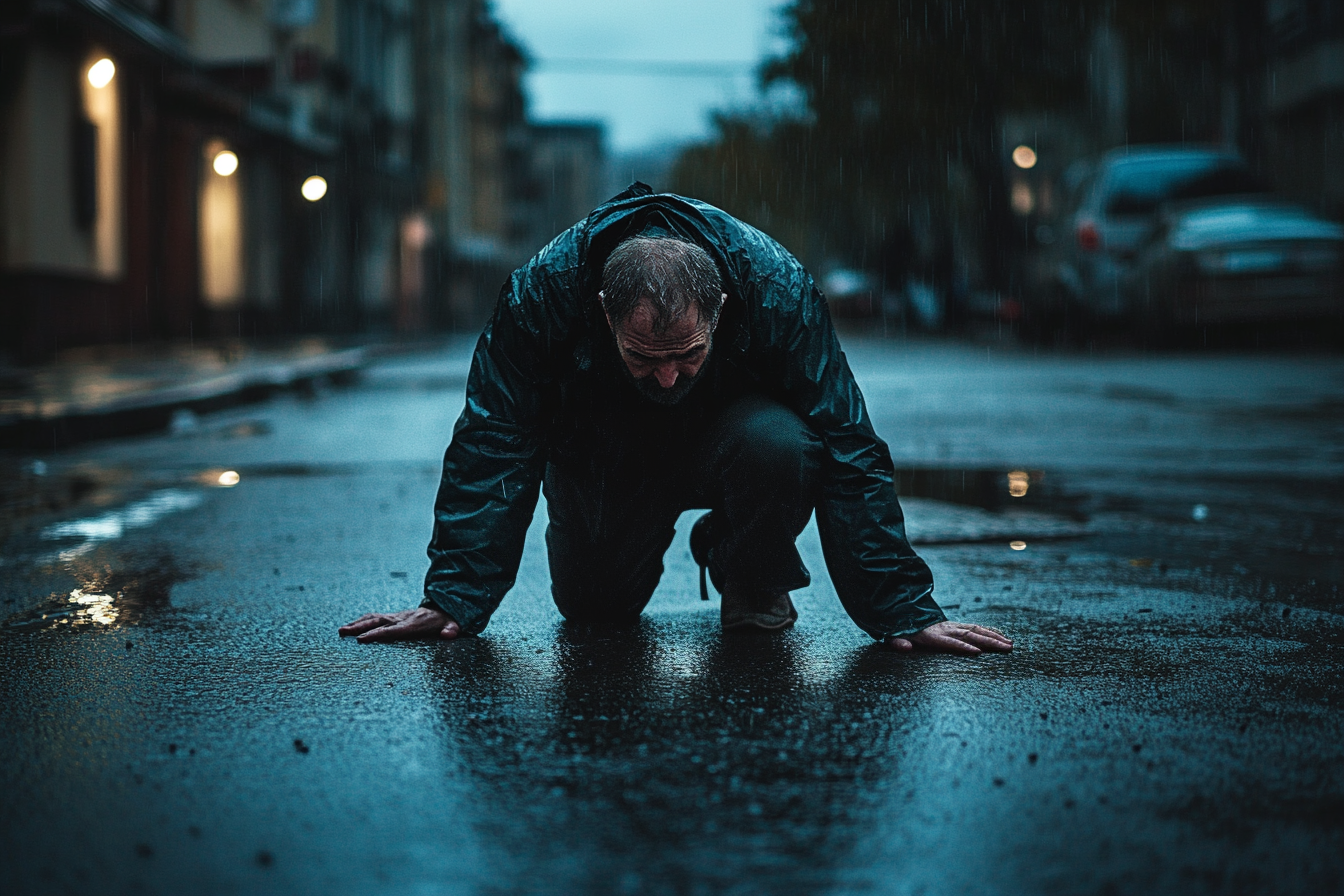 Un homme agenouillé dans la rue pluvieuse, l'air triste et sans espoir | Source : Midjourney