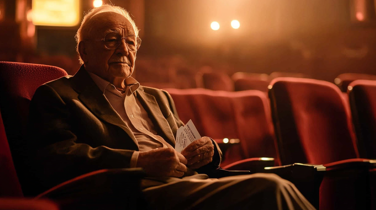 Homme âgé assis au cinéma avec deux tickets | Source : Midjourney