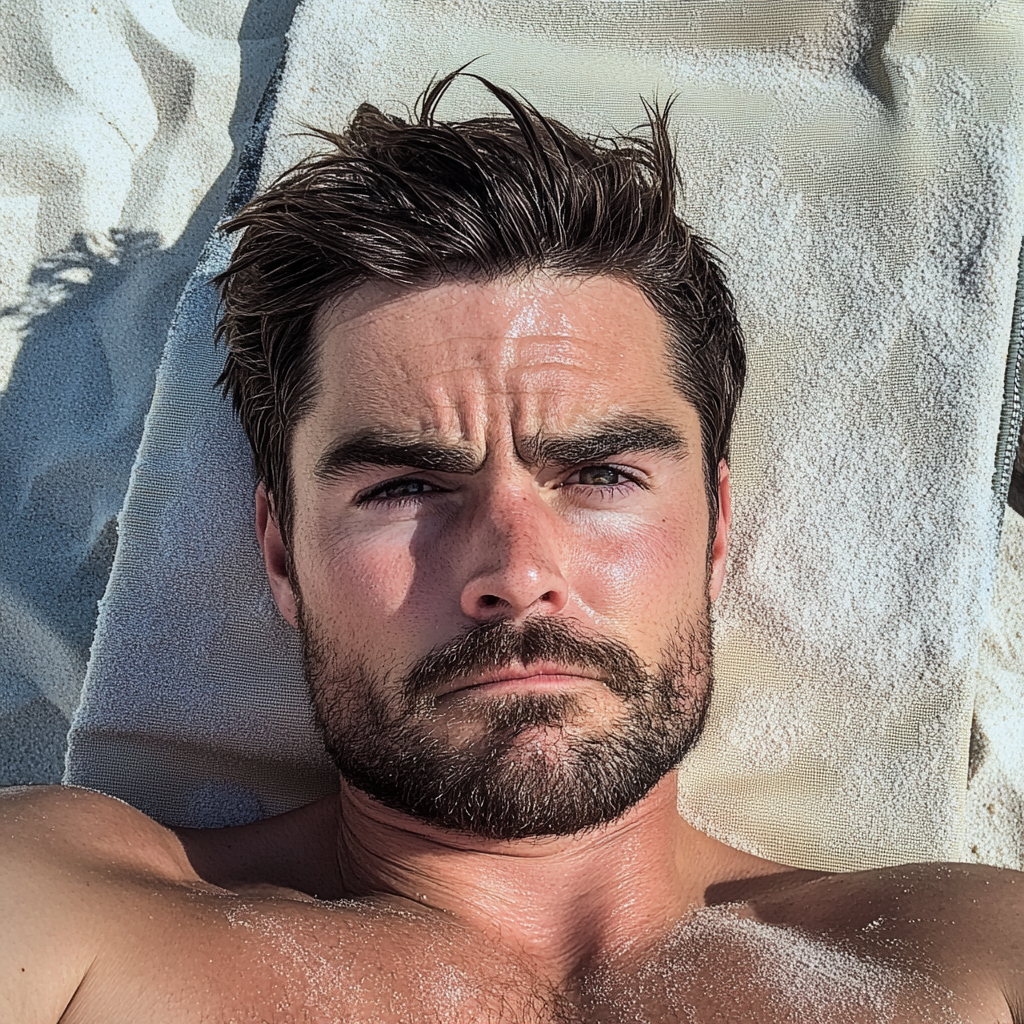 Un homme qui fronce les sourcils sur une plage | Source : Midjourney