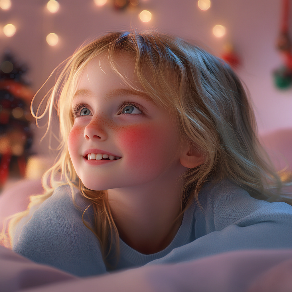 Une petite fille qui sourit dans sa chambre | Source : Midjourney