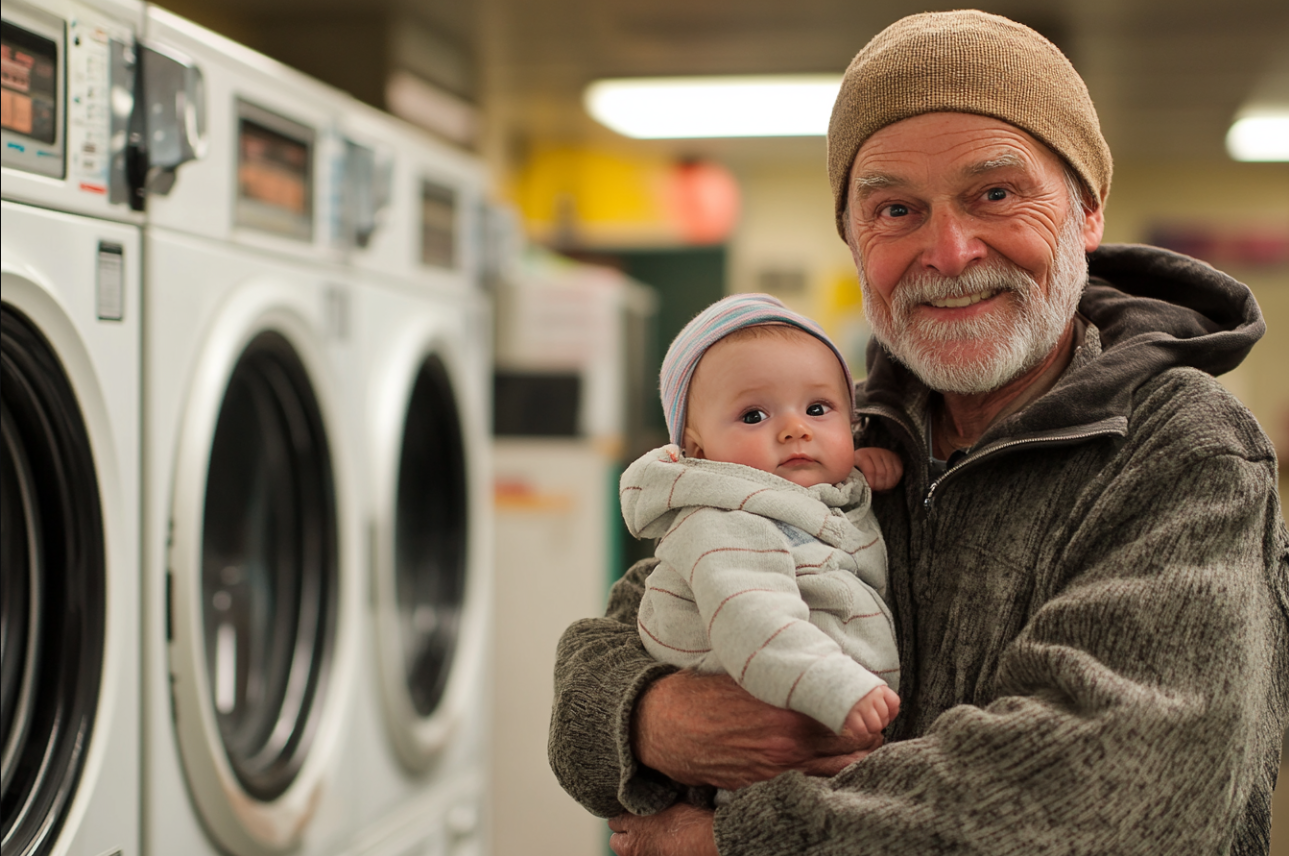 Un homme dans une laverie automatique tenant un bébé | Source : Midjourney