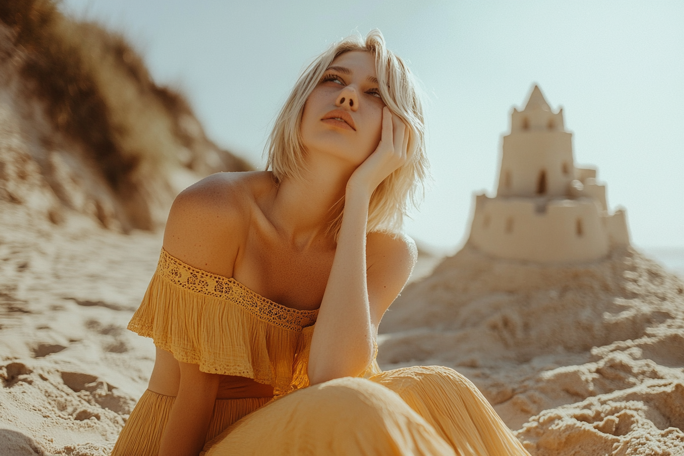 Une femme qui regarde en l'air depuis sa place sur une plage de sable | Source : Midjourney