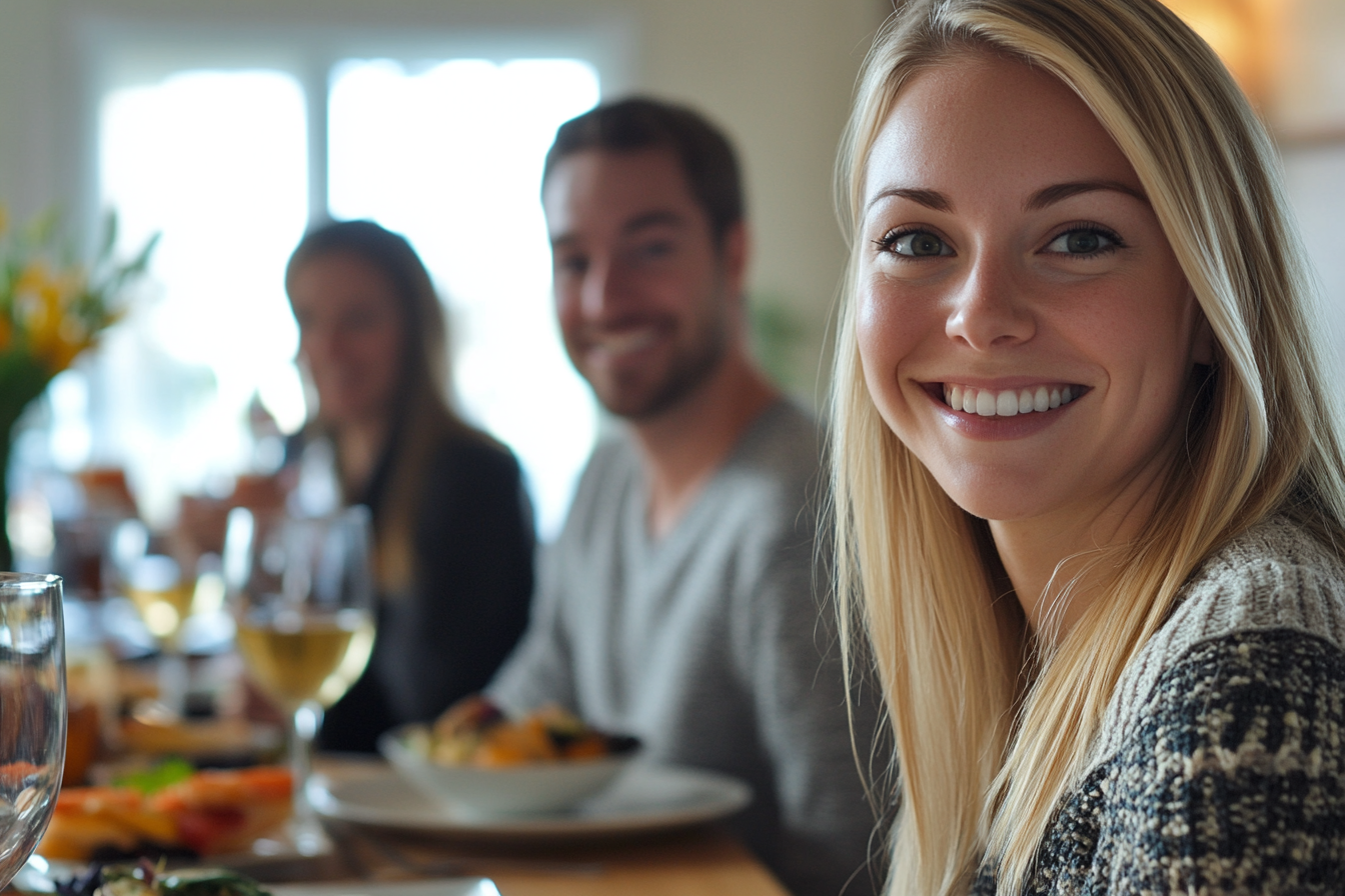 Une femme qui sourit pendant le dîner | Source : Midjourney