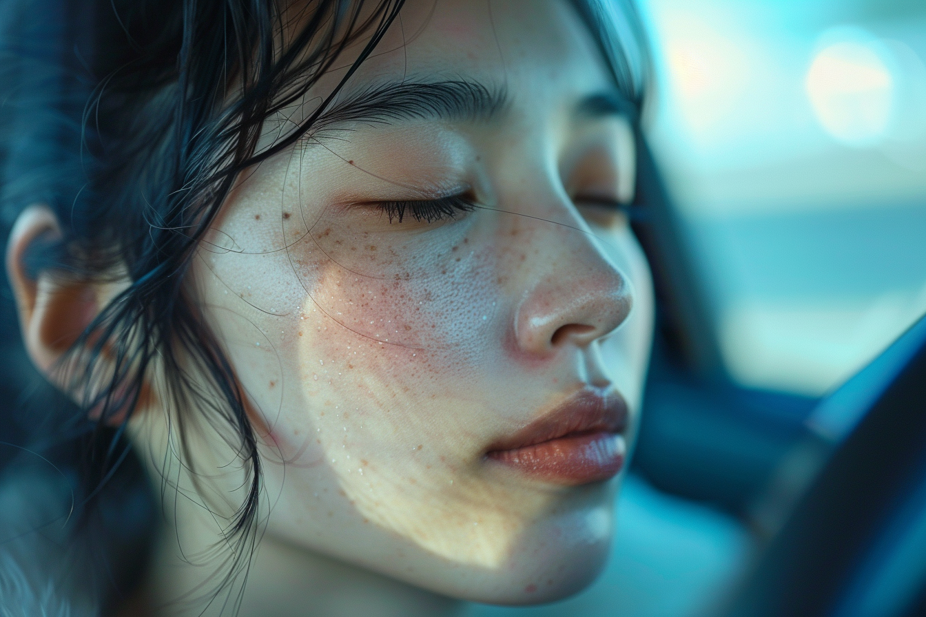 Une femme assise dans une voiture avec les yeux fermés | Source : Midjourney