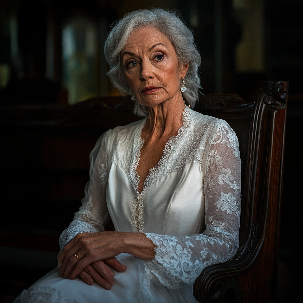 Femme âgée portant une robe blanche lors d'un enterrement | Source : Midjourney