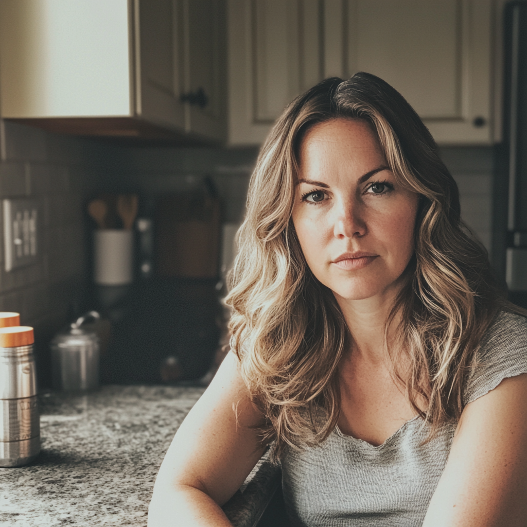 Une femme appuyée sur un comptoir de cuisine | Source : Midjourney