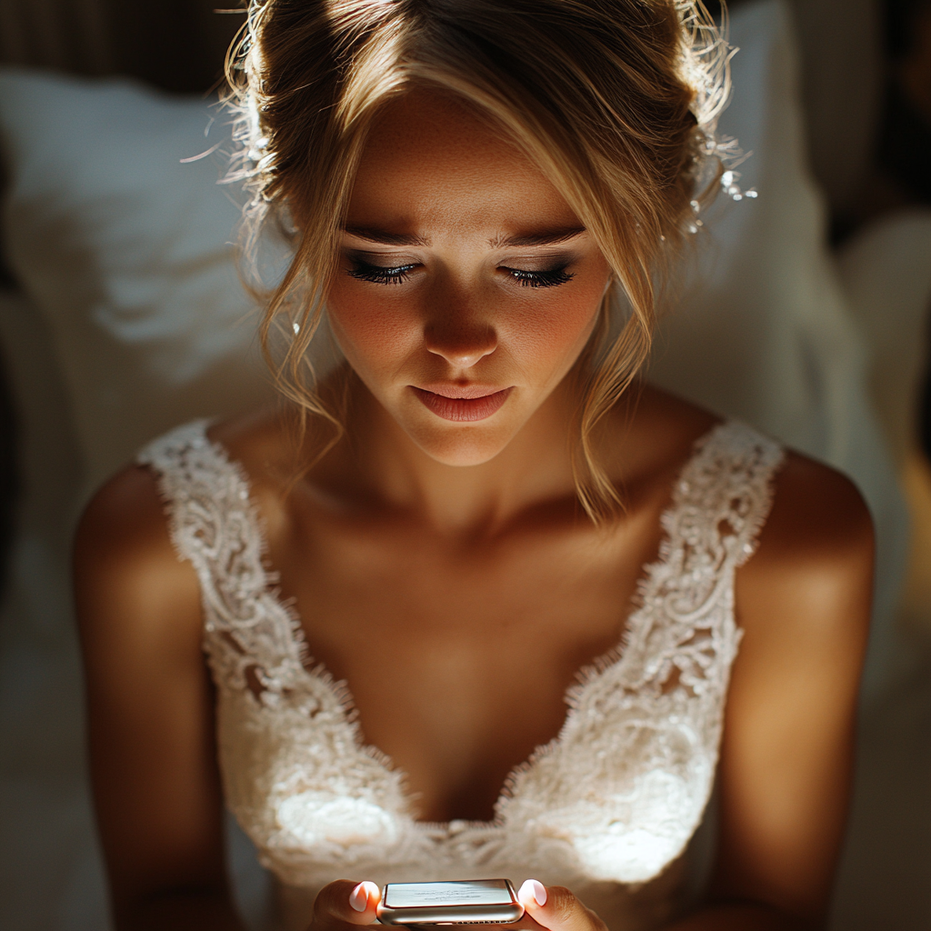 Une mariée perturbée qui regarde son téléphone | Source : Midjourney