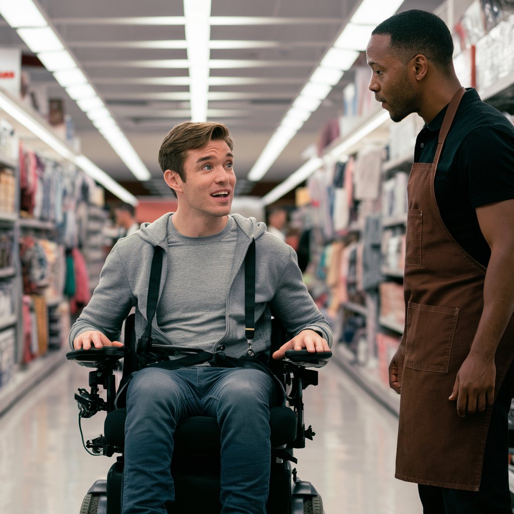 Deux hommes en pleine conversation dans un grand magasin | Source : Midjourney