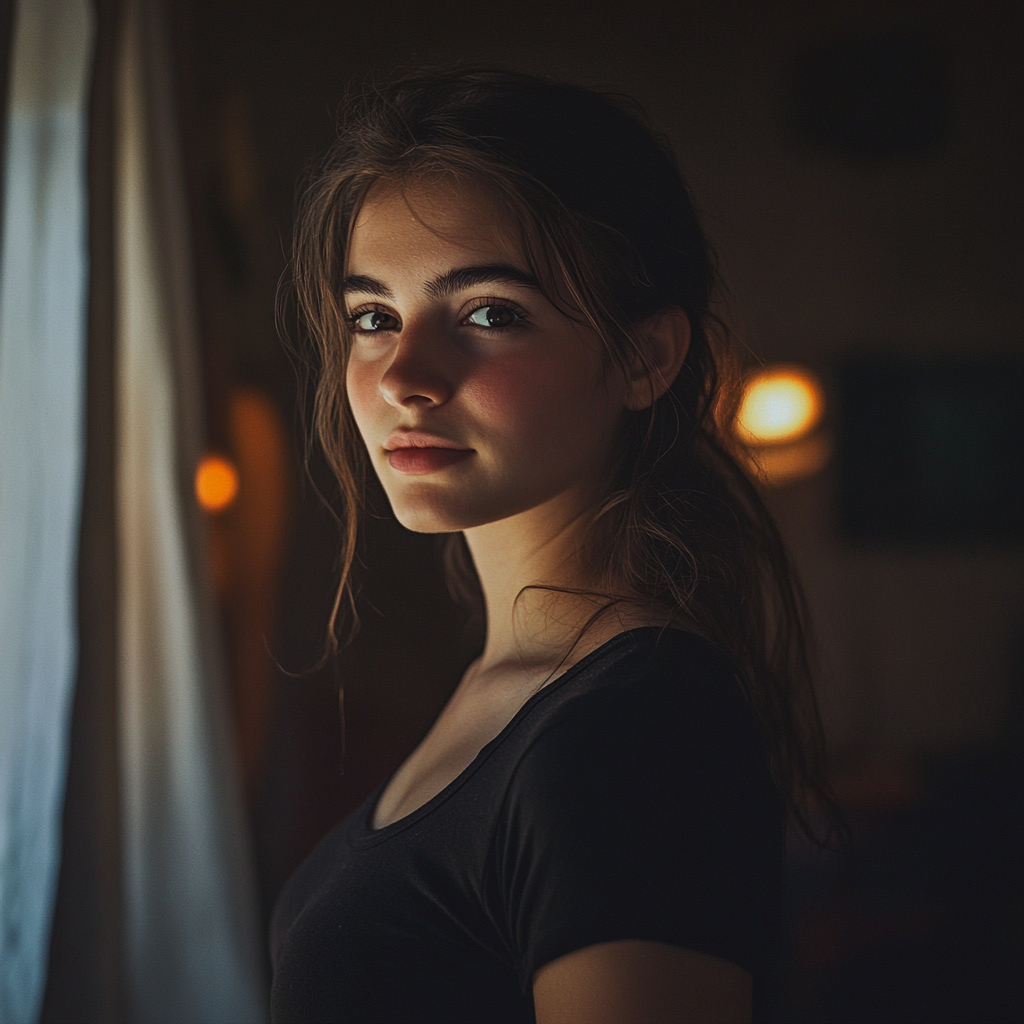 Une jeune femme qui regarde droit devant elle | Source : Midjourney