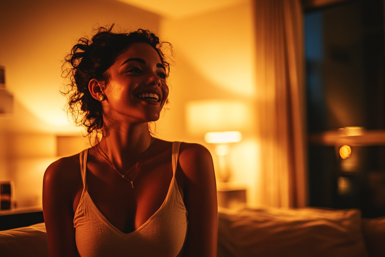 A woman smiles while talking to someone | Source: Midjourney