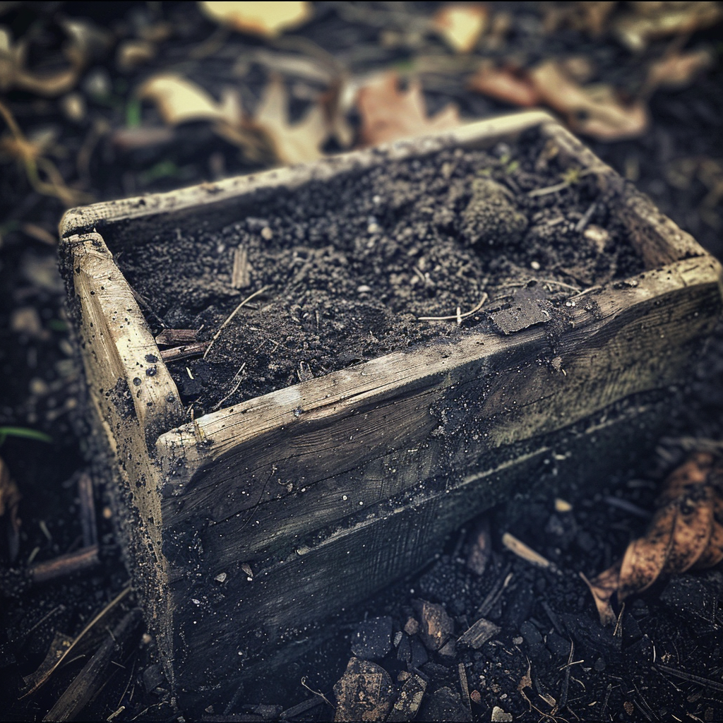 Une boîte en bois recouverte de terre | Source : Midjourney