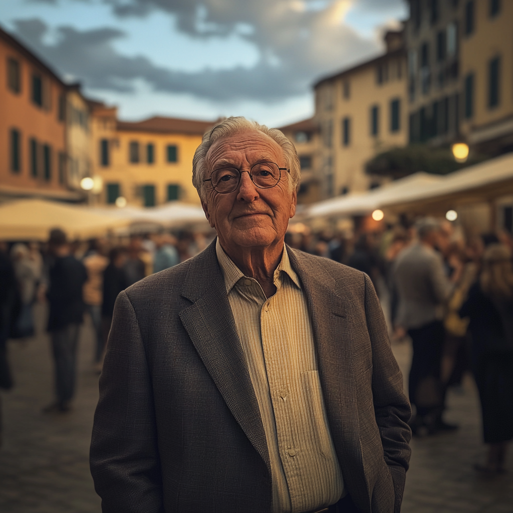 Un vieil homme debout sur une place de la ville | Source : Midjourney