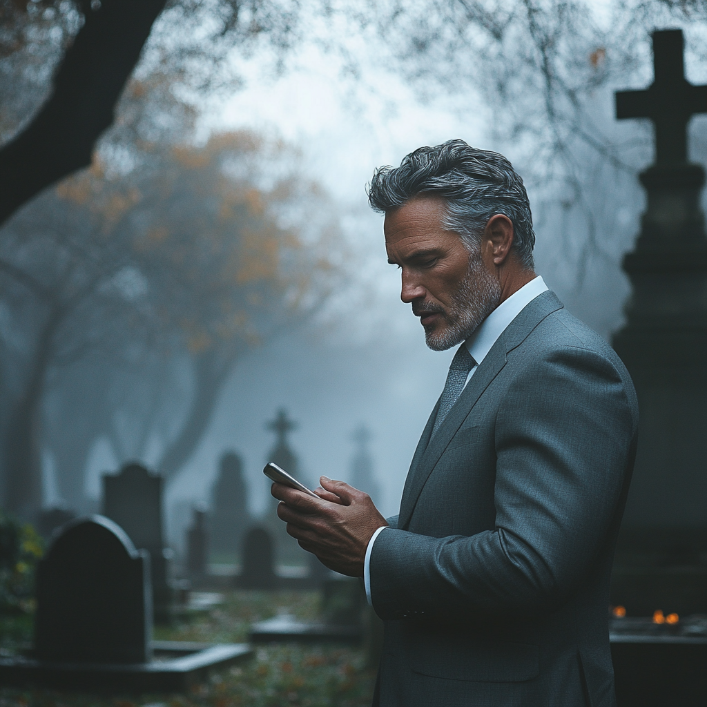 Un homme tenant un téléphone dans un cimetière | Source : Midjourney