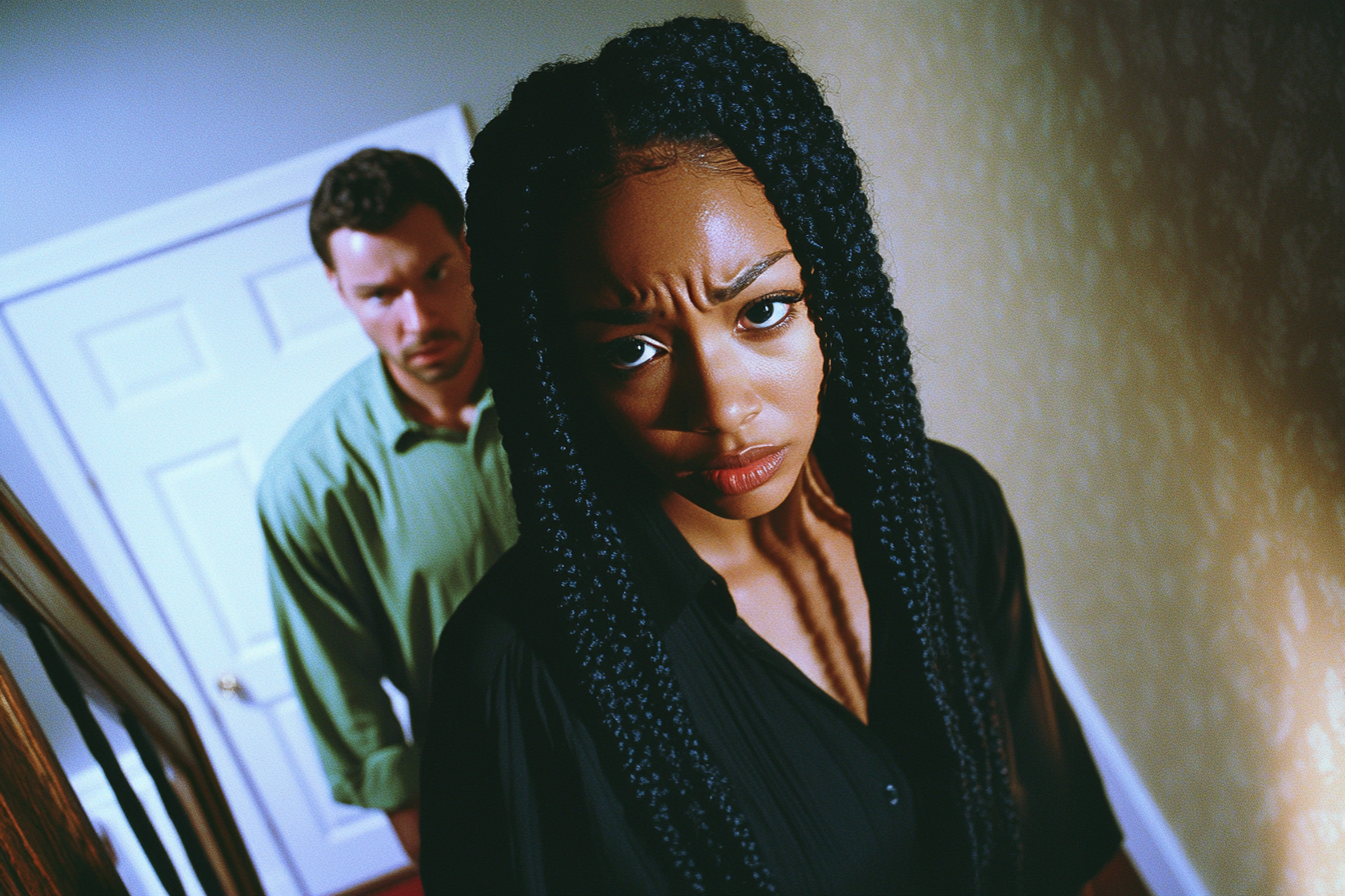 A woman walking up the stairs of a house with a man following her, looking sad | Source: Midjourney