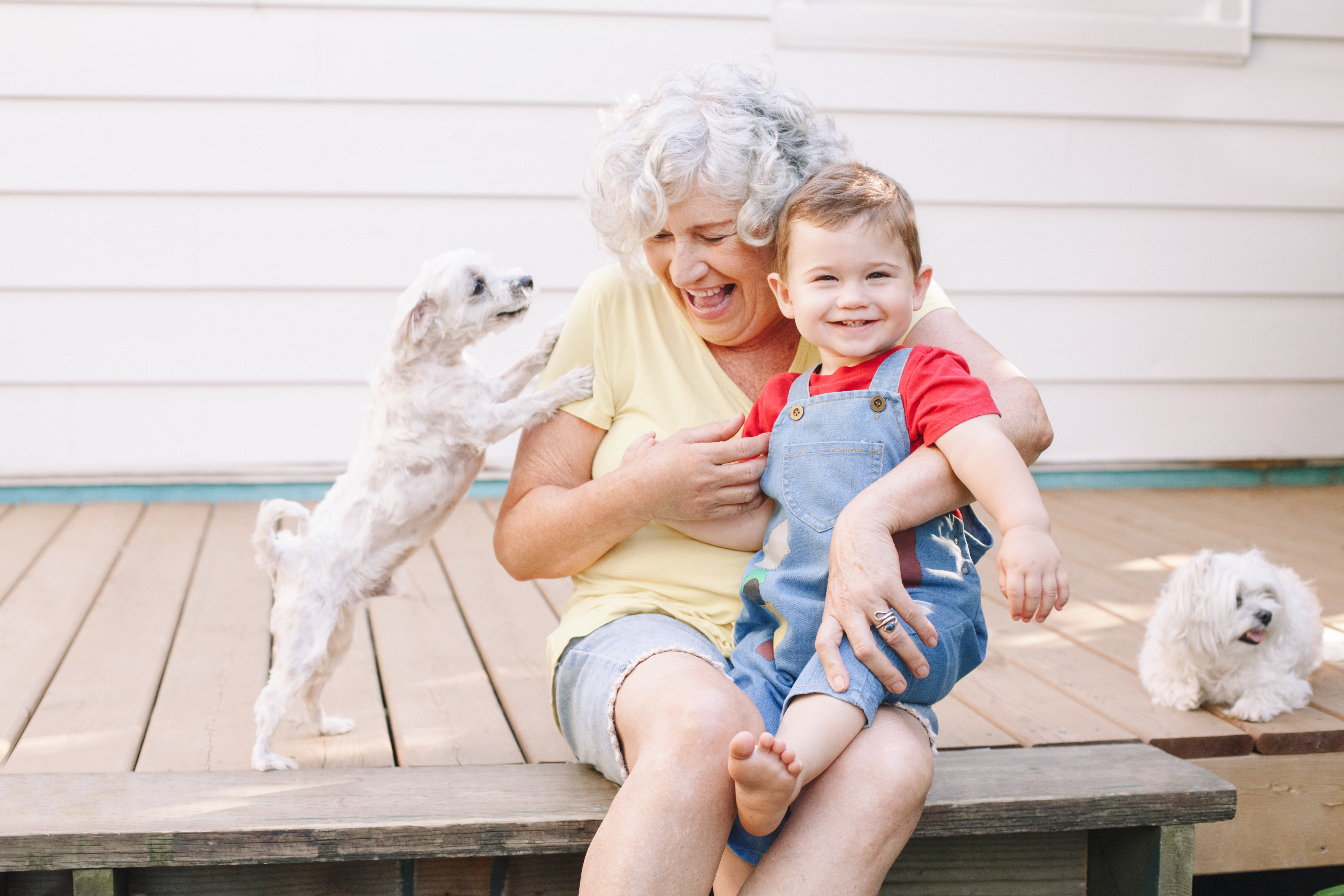 Une grand-mère avec un chien et son petit enfant | Source : Shutterstock