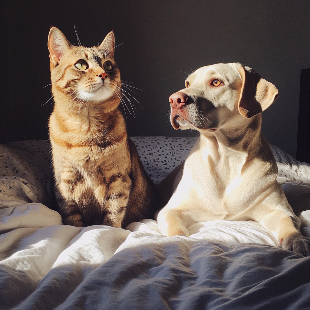 Un chat et un chien assis sur un lit | Source : Midjourney