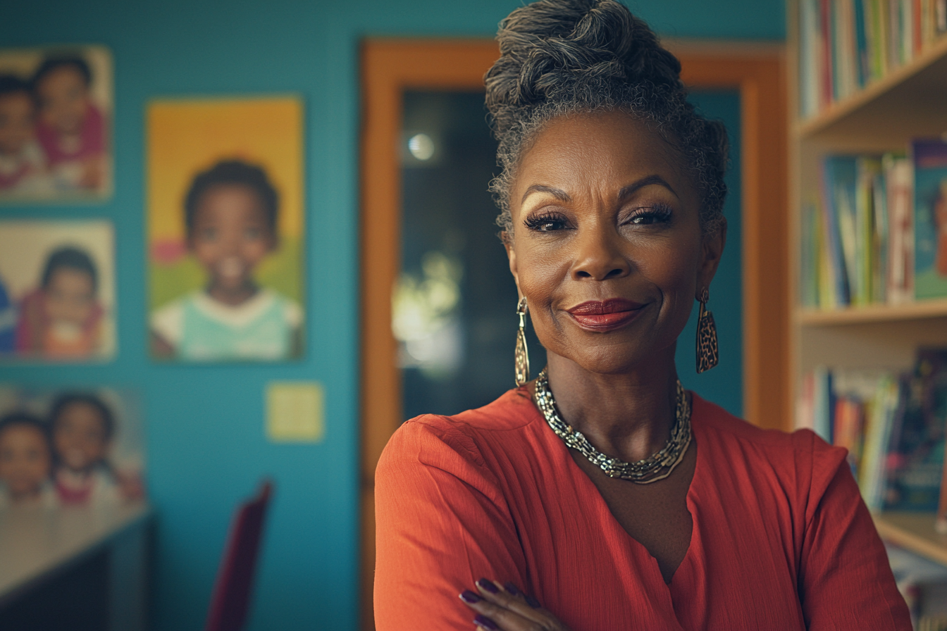 Woman smiling at the door of an office at a children's center | Source: Midjourney