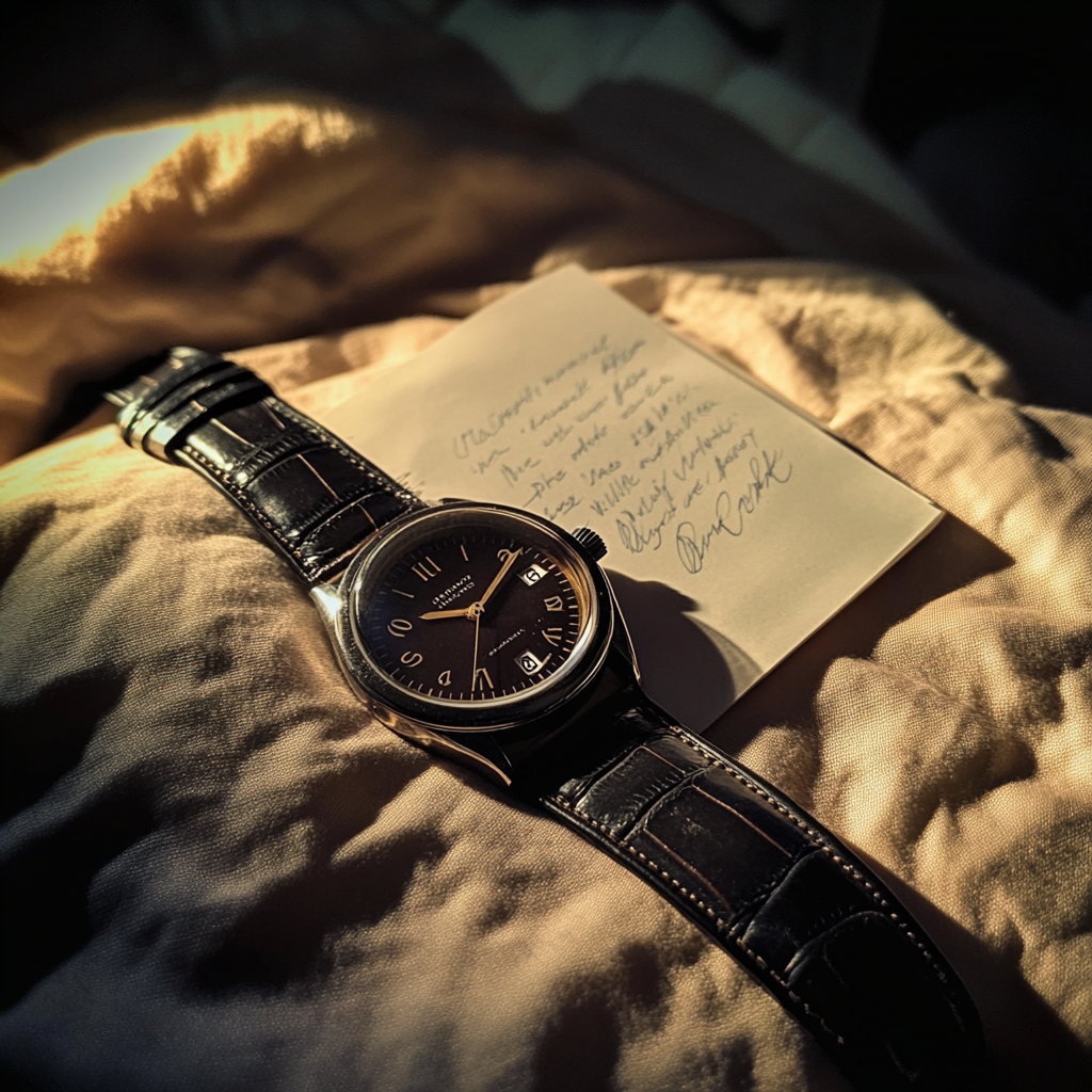 Une montre et une note sur un lit | Source : Midjourney