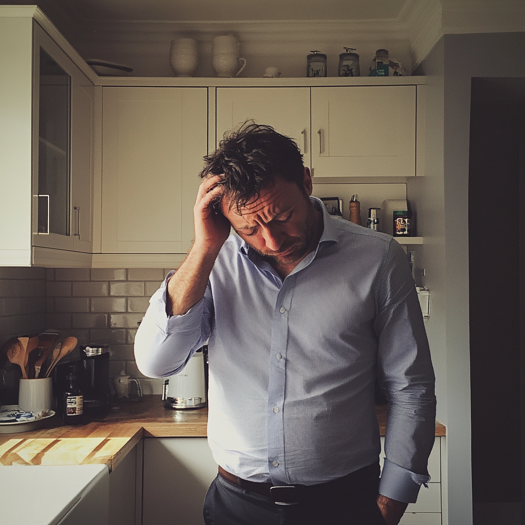 Un homme debout dans une cuisine, la tête baissée | Source : Midjourney