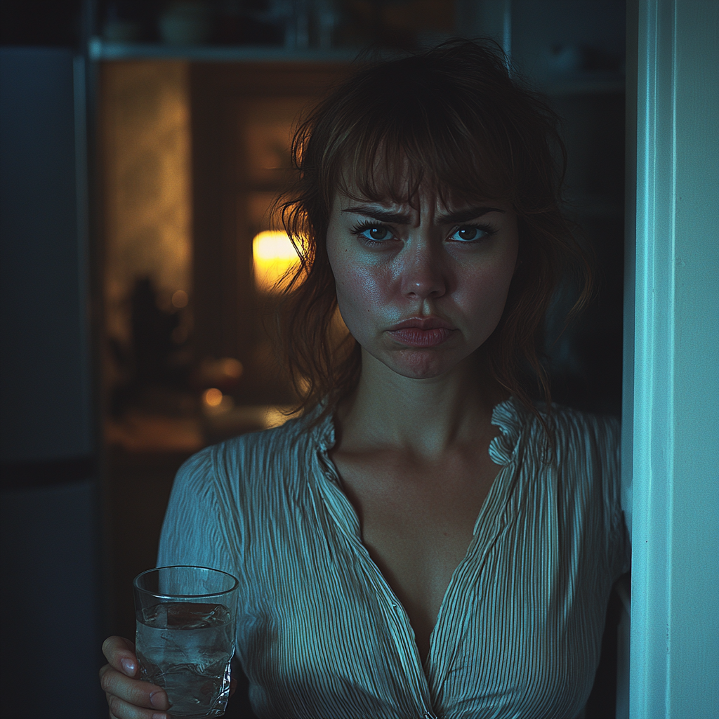 Une femme en colère tenant un verre d'eau | Source : Midjourney