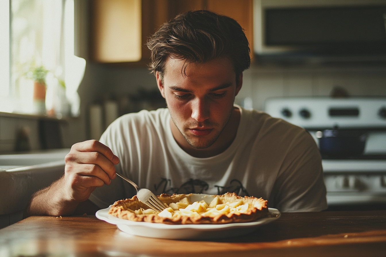 Un homme qui mange une tarte aux pommes | Source : Midjourney