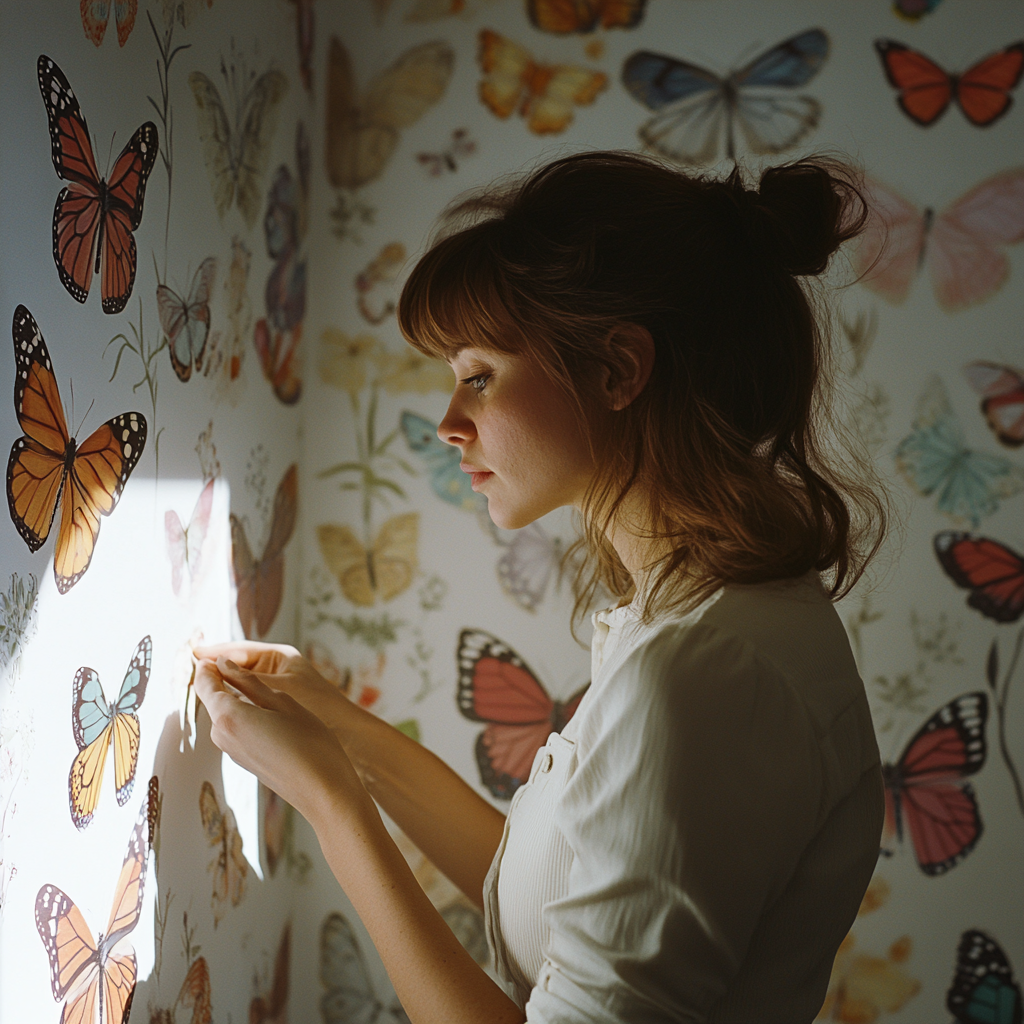 Une femme en train d'appliquer du papier peint | Source : Midjourney