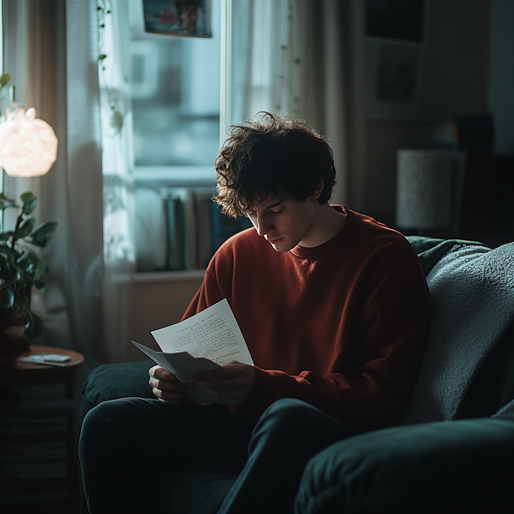 Un jeune homme lisant une lettre | Source : Midjourney