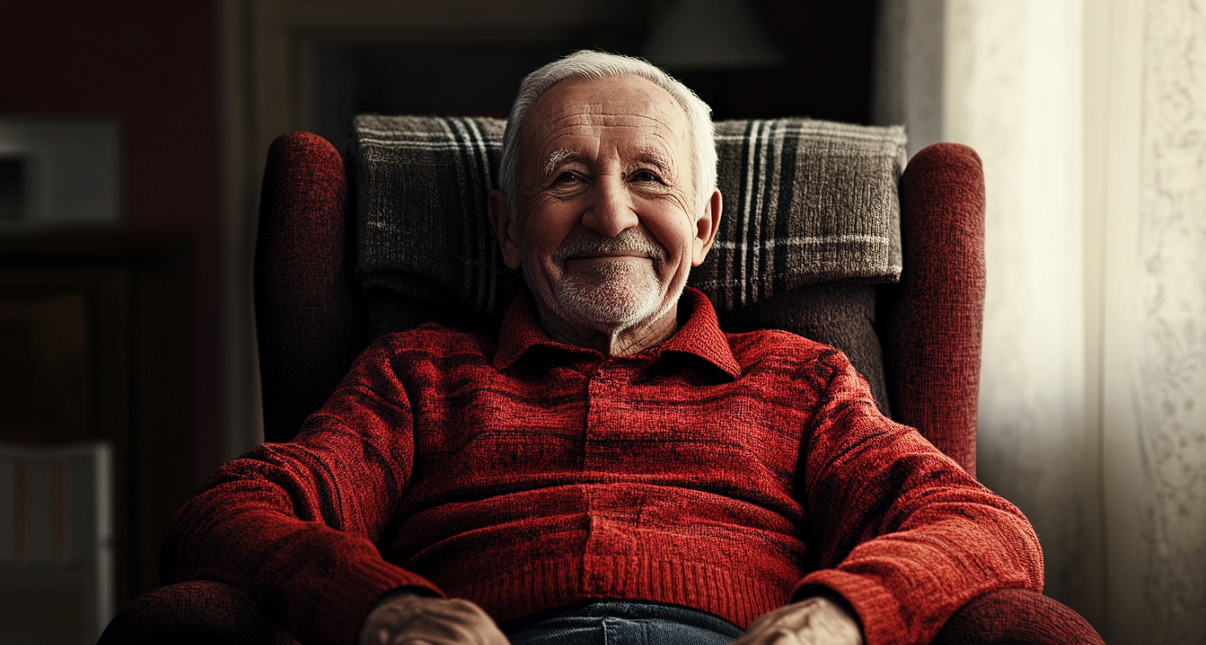 Un homme souriant dans un fauteuil | Source : Midjourney