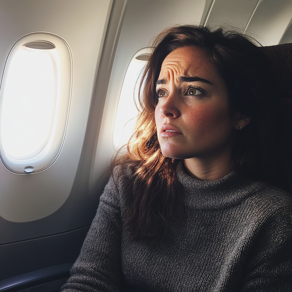 An upset woman sitting on a plane | Source: Midjourney