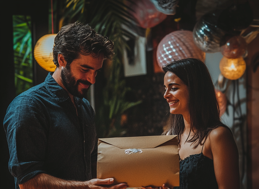 A man presents a large envelope as a gift to his wife on her birthday | Source: Midjourney