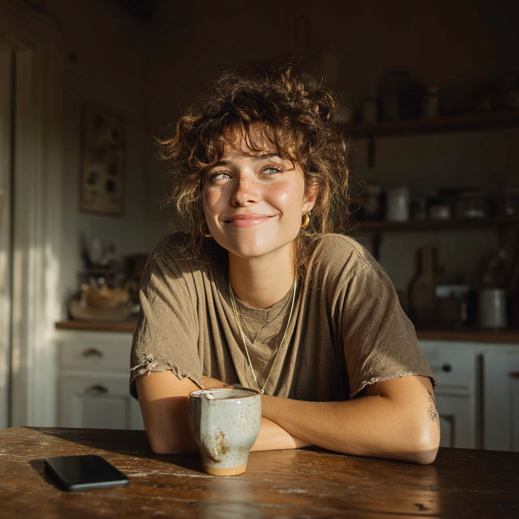 Une femme heureuse assise à une table de cuisine | Source : Midjourney