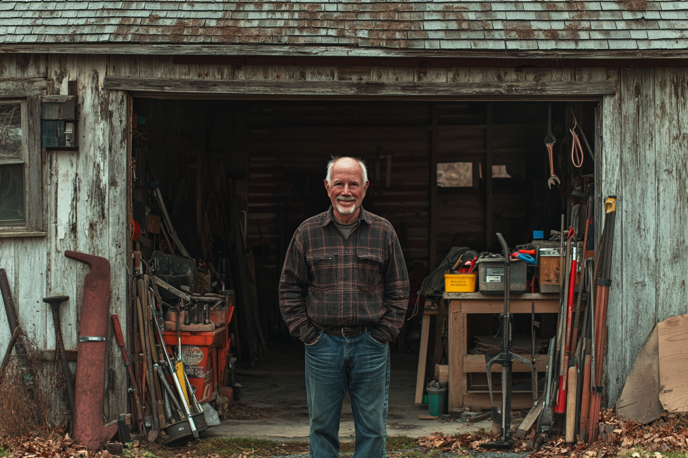 Un homme âgé se tenant devant une maison altérée, des outils de menuiserie à proximité | Source : Midjourney