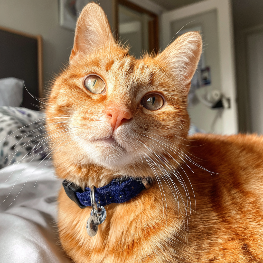 Un chat roux assis sur un lit | Source : Midjourney