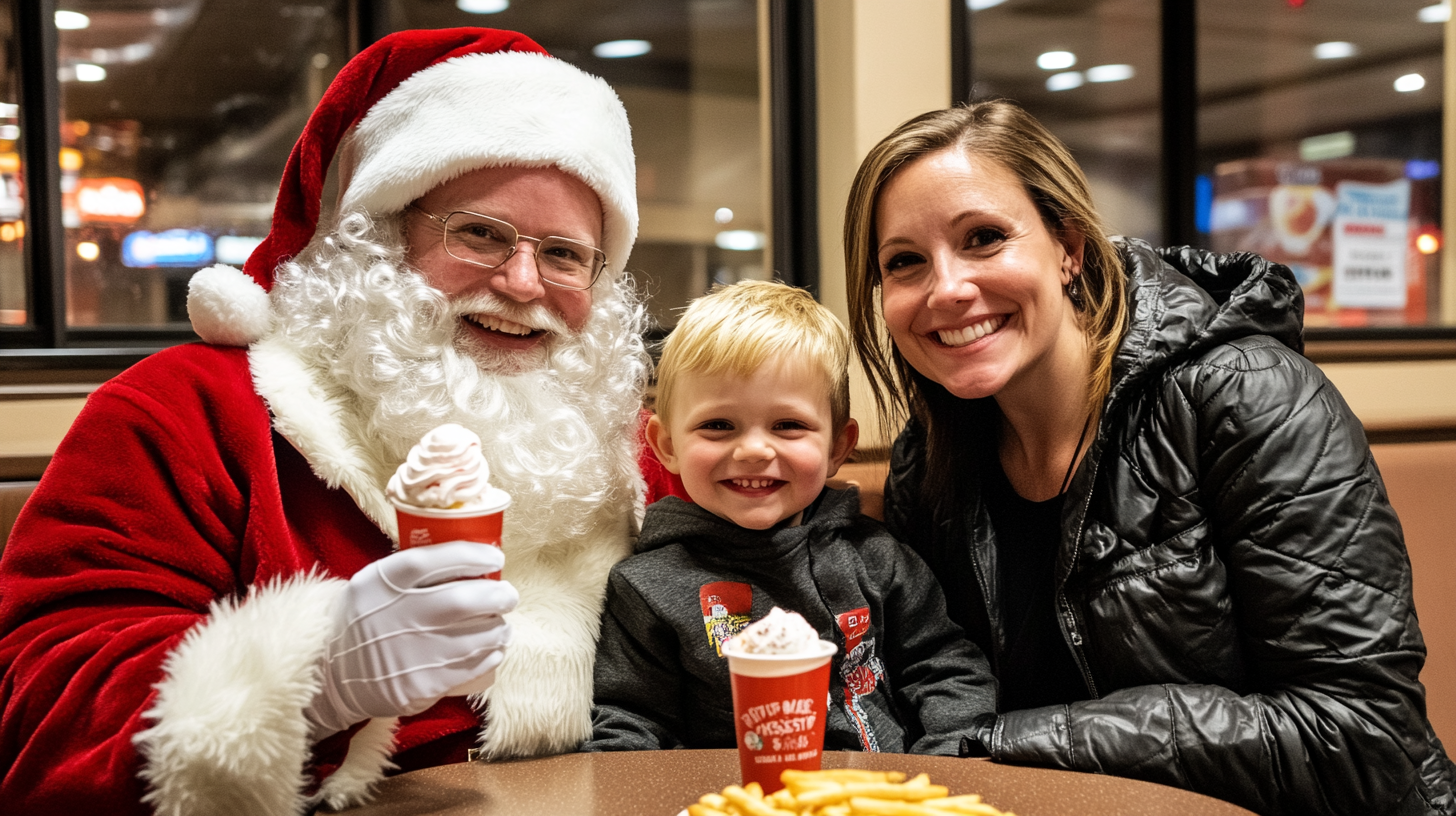 Le père Noël avec une mère et son fils | Source : Midjourney