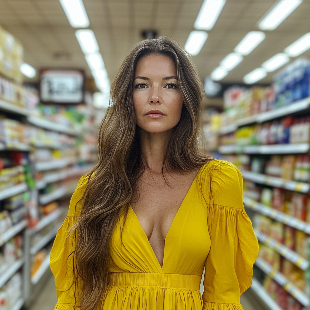 Une femme debout dans l'allée d'une épicerie Source : Midjourney