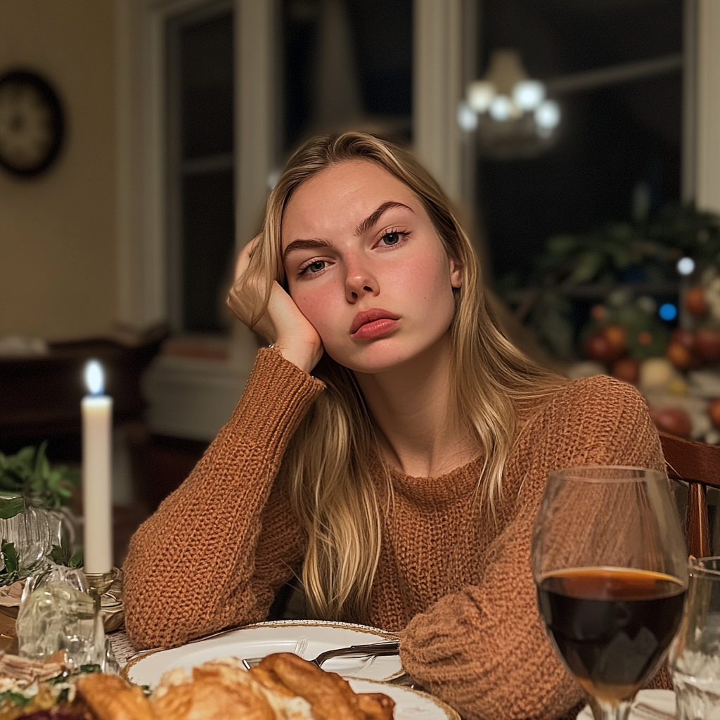 Une femme peu impressionnée lors d'un dîner de Thanksgiving | Source : Midjourney