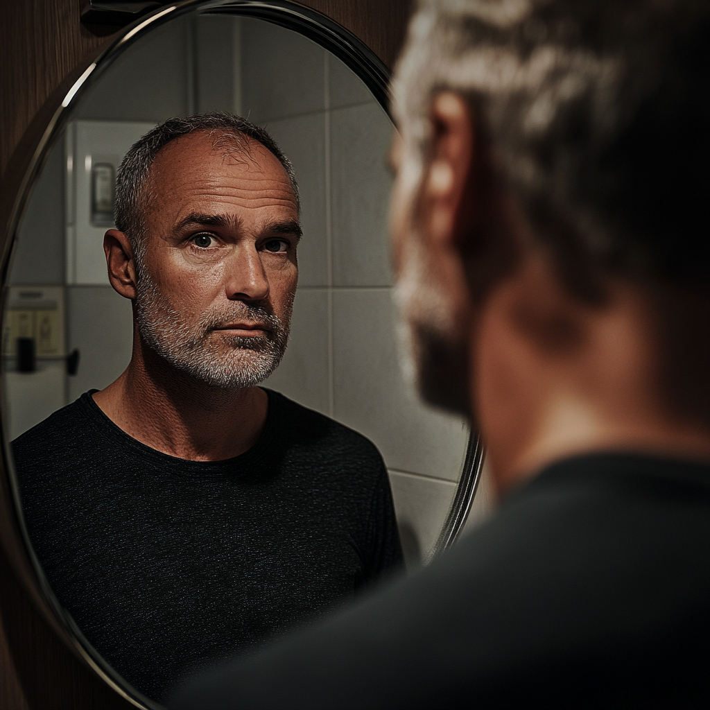 Un homme qui regarde son reflet dans le miroir de la salle de bain | Source : Midjourney