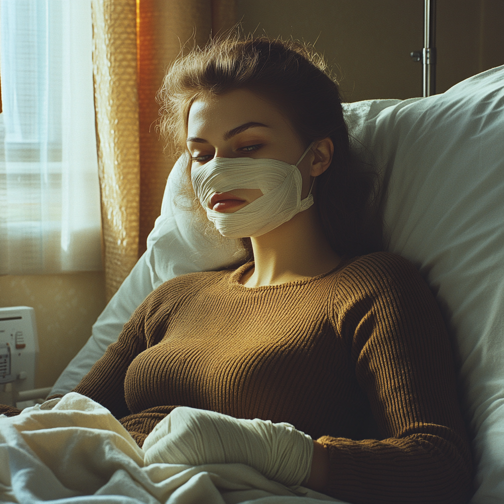 Une femme blessée allongée dans un lit d'hôpital | Source : Midjourney