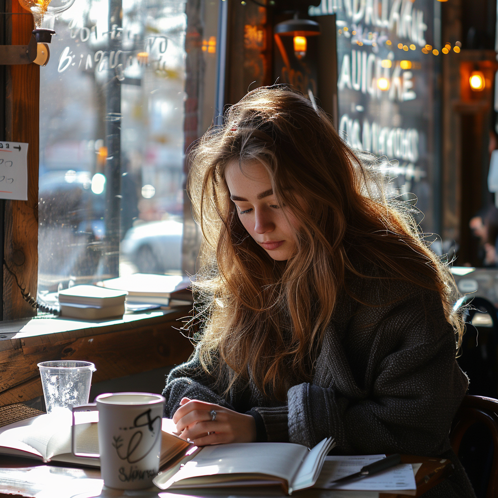 Une femme qui étudie dans un café | Source : Midjourney