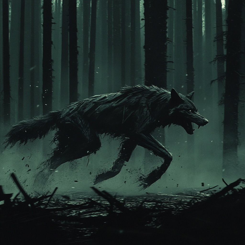 A ferocious wolf chasing someone in the woods | Source: Midjourney