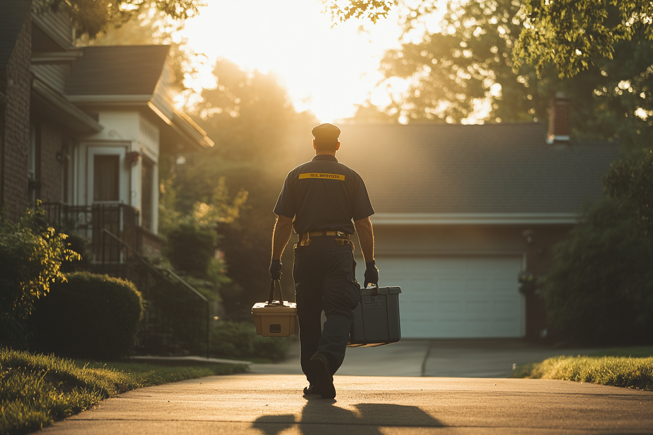 Un homme en uniforme tenant des boîtes à outils tout en remontant une allée | Source : Midjourney