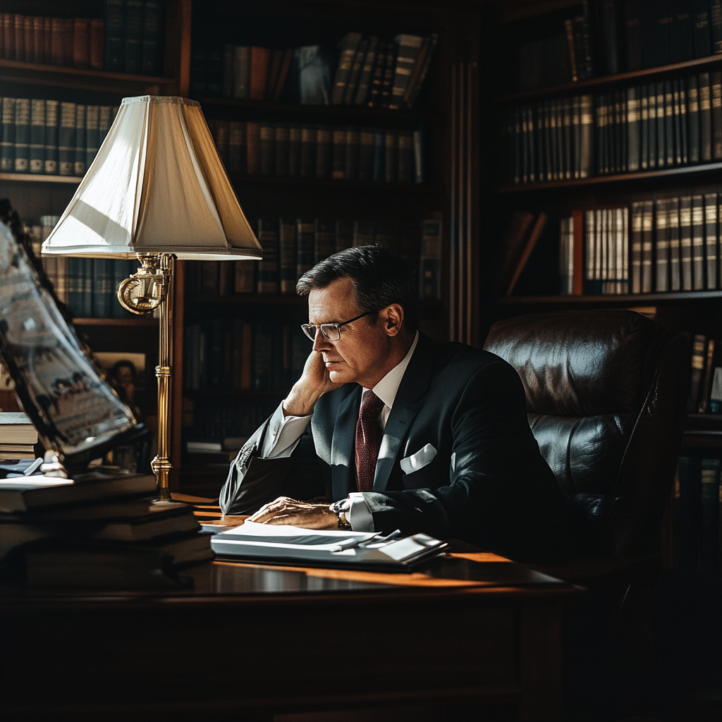 Un avocat appuyé sur son bureau | Source : Midjourney