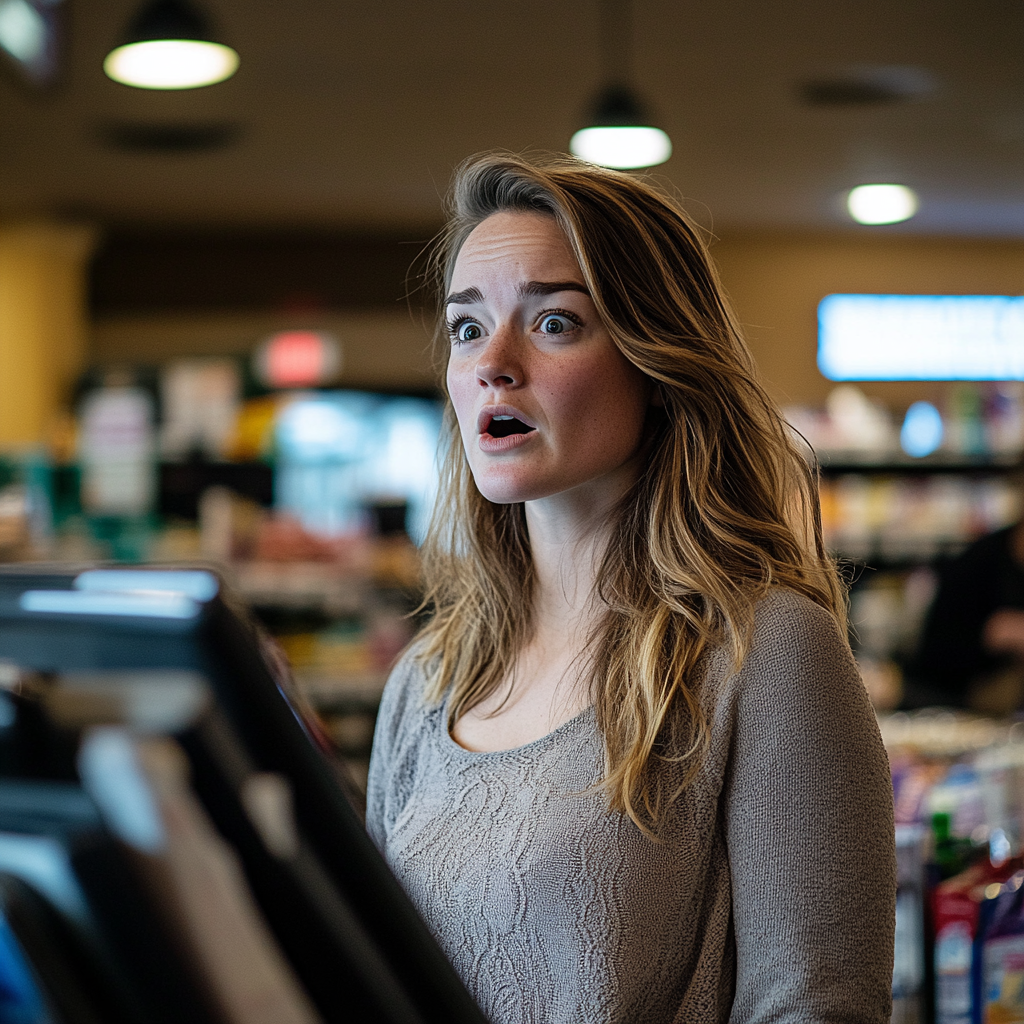 Une femme choquée à la caisse d'une épicerie | Source : Midjourney