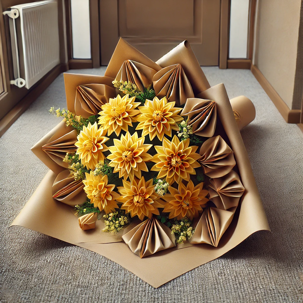 Yellow flowers wrapped in beautifully folded brown paper | Source: DALL-E